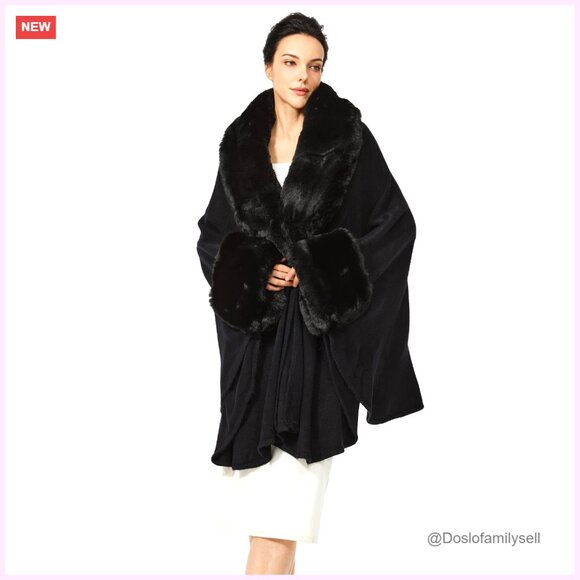 Faux Fur Trim Cape Poncho Sleeveless Wrap Coat Cardigan Cloak - Picture 1 of 7